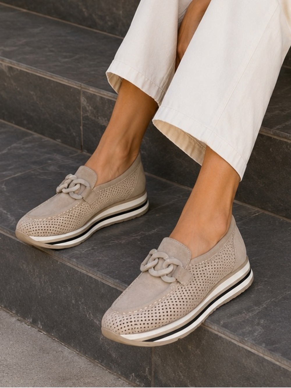 Women’s Neutral Perforated Slip-On Loafers with Chain Detail